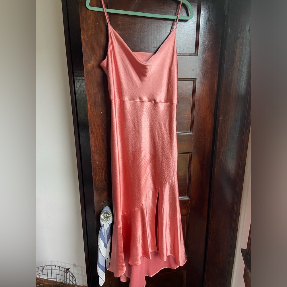 Asymmetric Satin Mini Dress in Coral- Size Medium